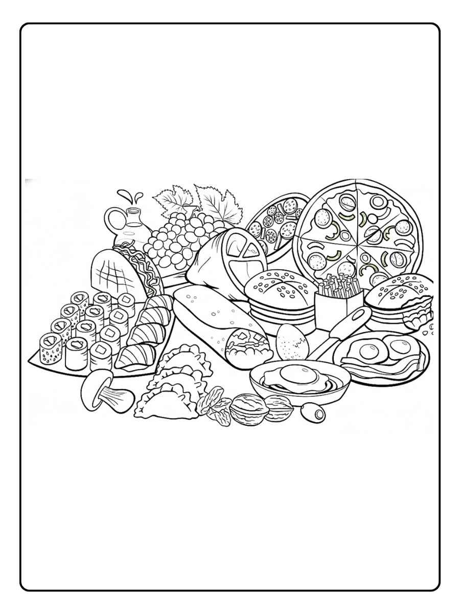 Food coloring pages large food feast illustration