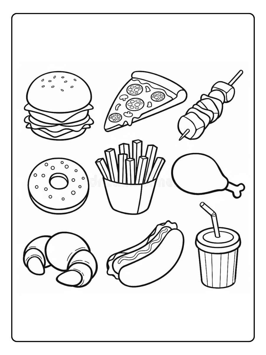 Food coloring pages simple fast food set