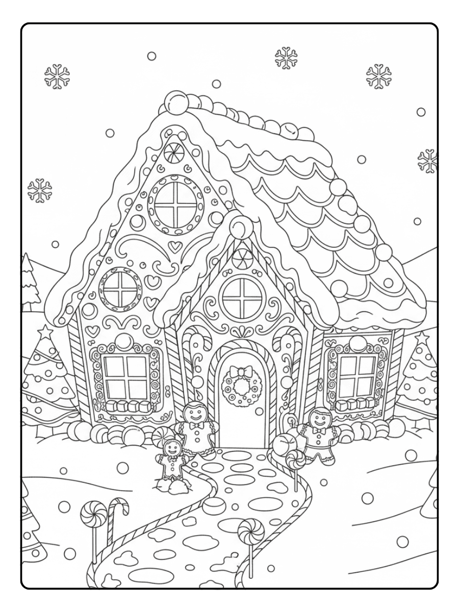 Gingerbread House Scene – Christmas Coloring Pages