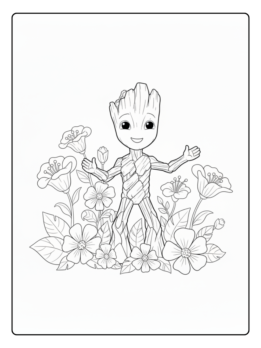 Groot Coloring Pages – Groot with Flowers