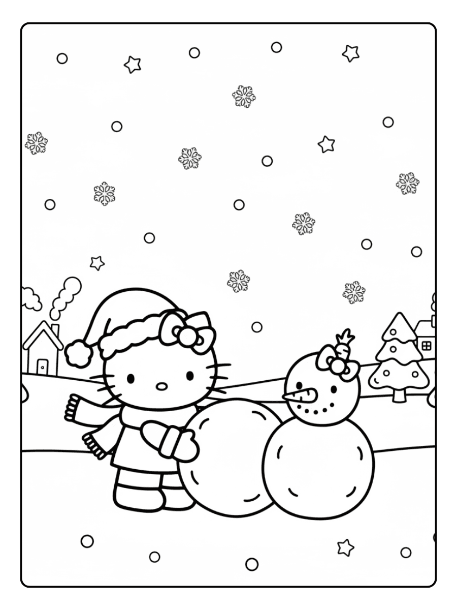 Hello Kitty Building a Snowman Hello Kitty Christmas Coloring Pages