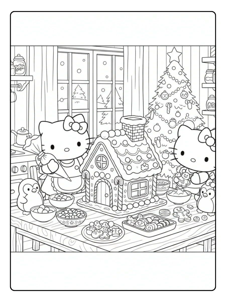 Hello Kitty Christmas Coloring Pages – Hello Kitty Decorating Gingerbread House