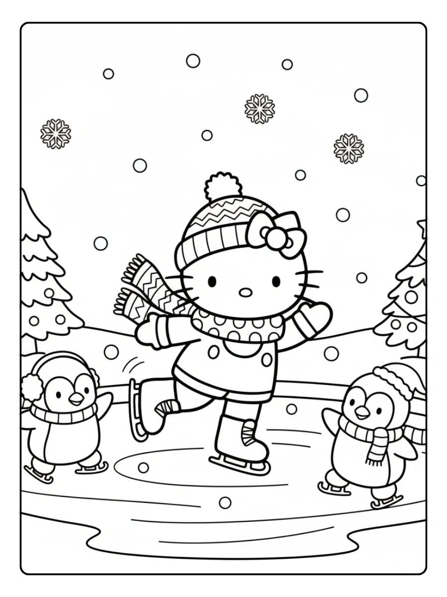 Hello Kitty Christmas Coloring Pages – Hello Kitty Ice Skating with Penguins