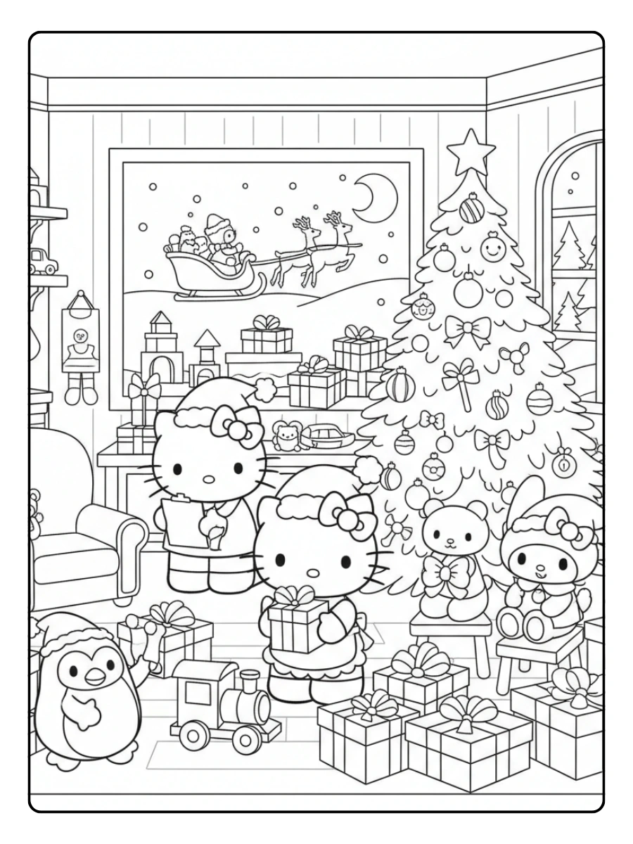 Hello Kitty Christmas Coloring Pages – Hello Kitty and Friends at Santa’s Workshop