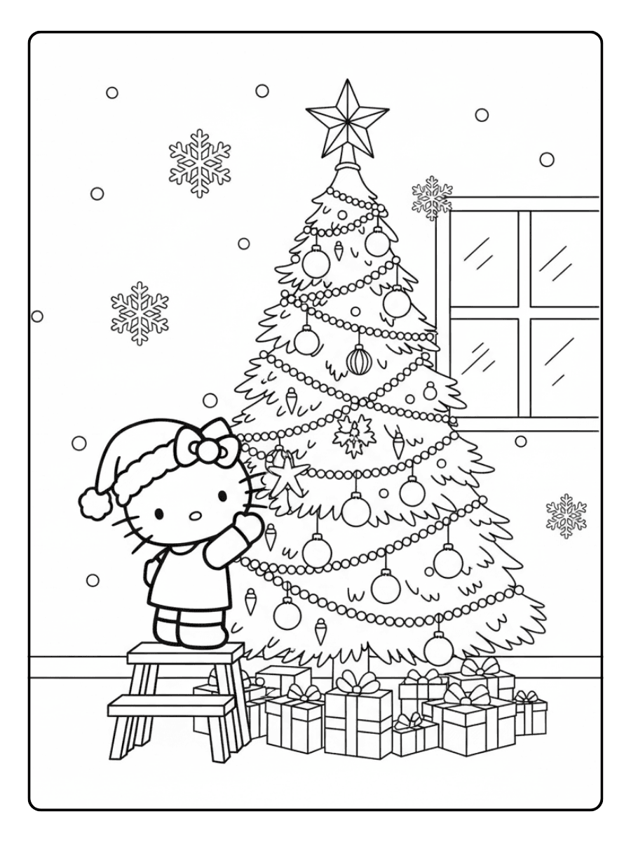 Hello Kitty Decorating the Tree Hello Kitty Christmas Coloring Pages