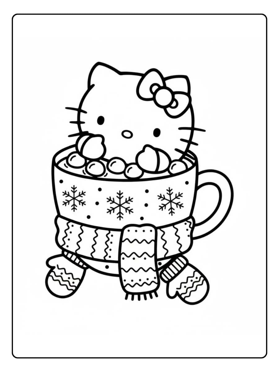 Hello Kitty Marshmallow Coloring Page Cozy Winter Treat