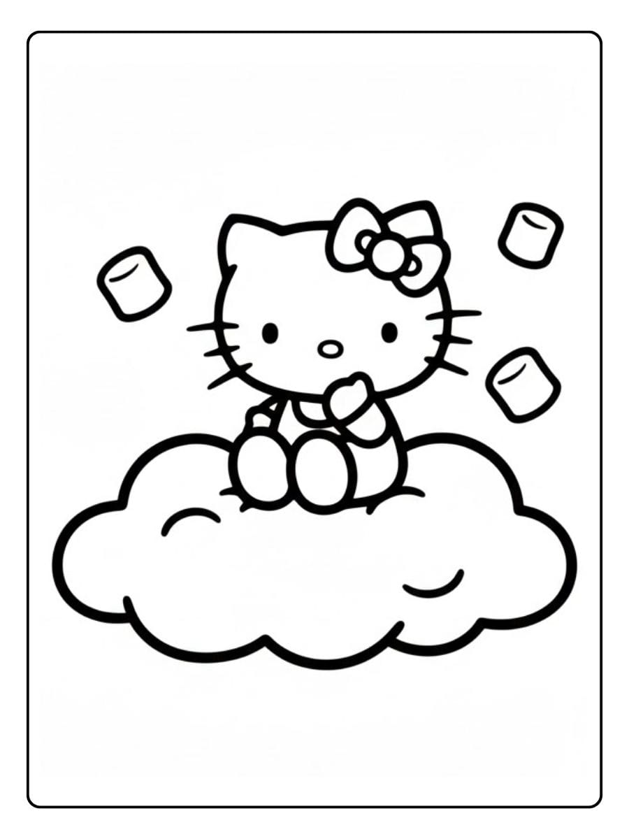 Hello Kitty Marshmallow Coloring Page Sitting on Marshmallow Clouds