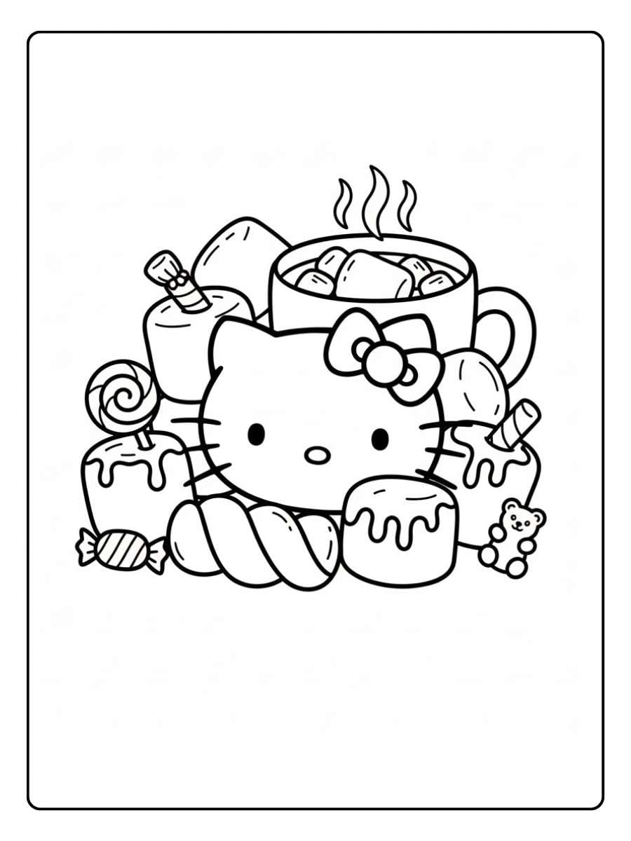 Hello Kitty Marshmallow Coloring Page Sweet Dessert Scene