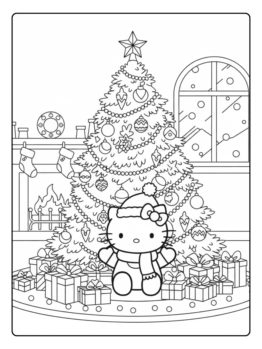 Hello Kitty Under the Christmas Tree Hello Kitty Christmas Coloring Pages