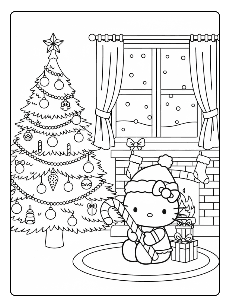 Hello Kitty with Candy Cane Hello Kitty Christmas Coloring Pages
