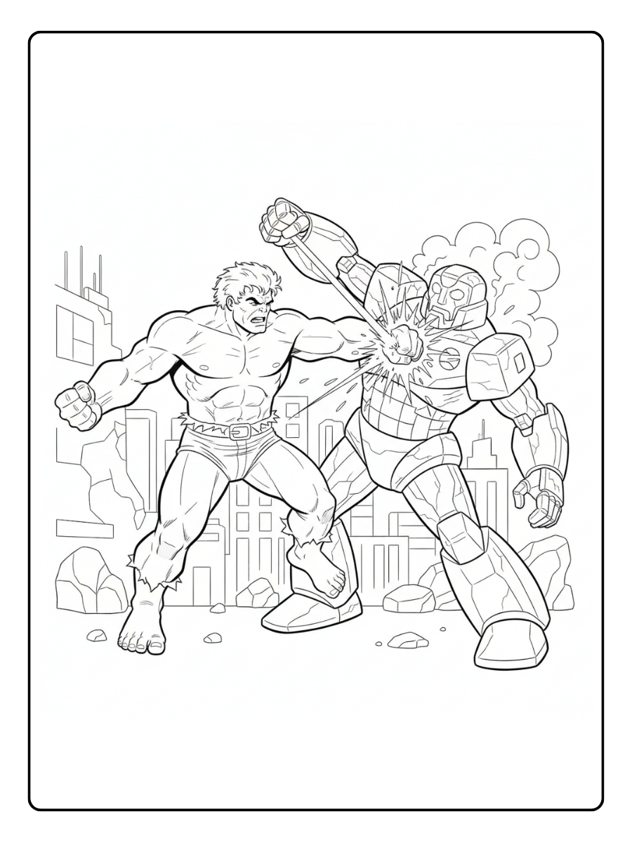 Hulk Coloring Pages – Hulk Fighting a Robot Enemy