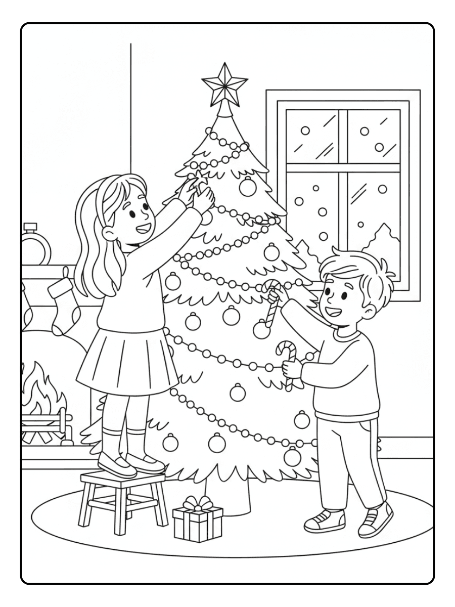 Kids Decorating Tree – Christmas Coloring Pages