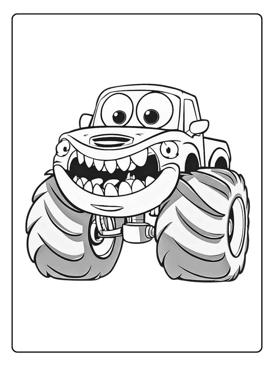 Monster truck coloring pages funny monster truck with big grin and wide tires