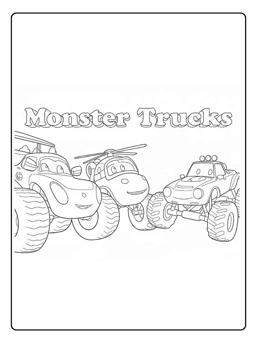 Monster truck coloring pages monster truck group scene illustration