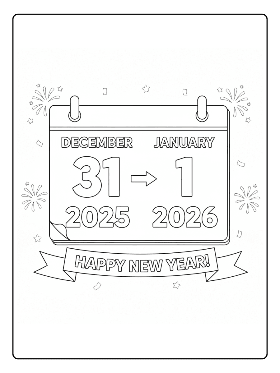 New Year Coloring Pages – Calendar Turning to New Year
