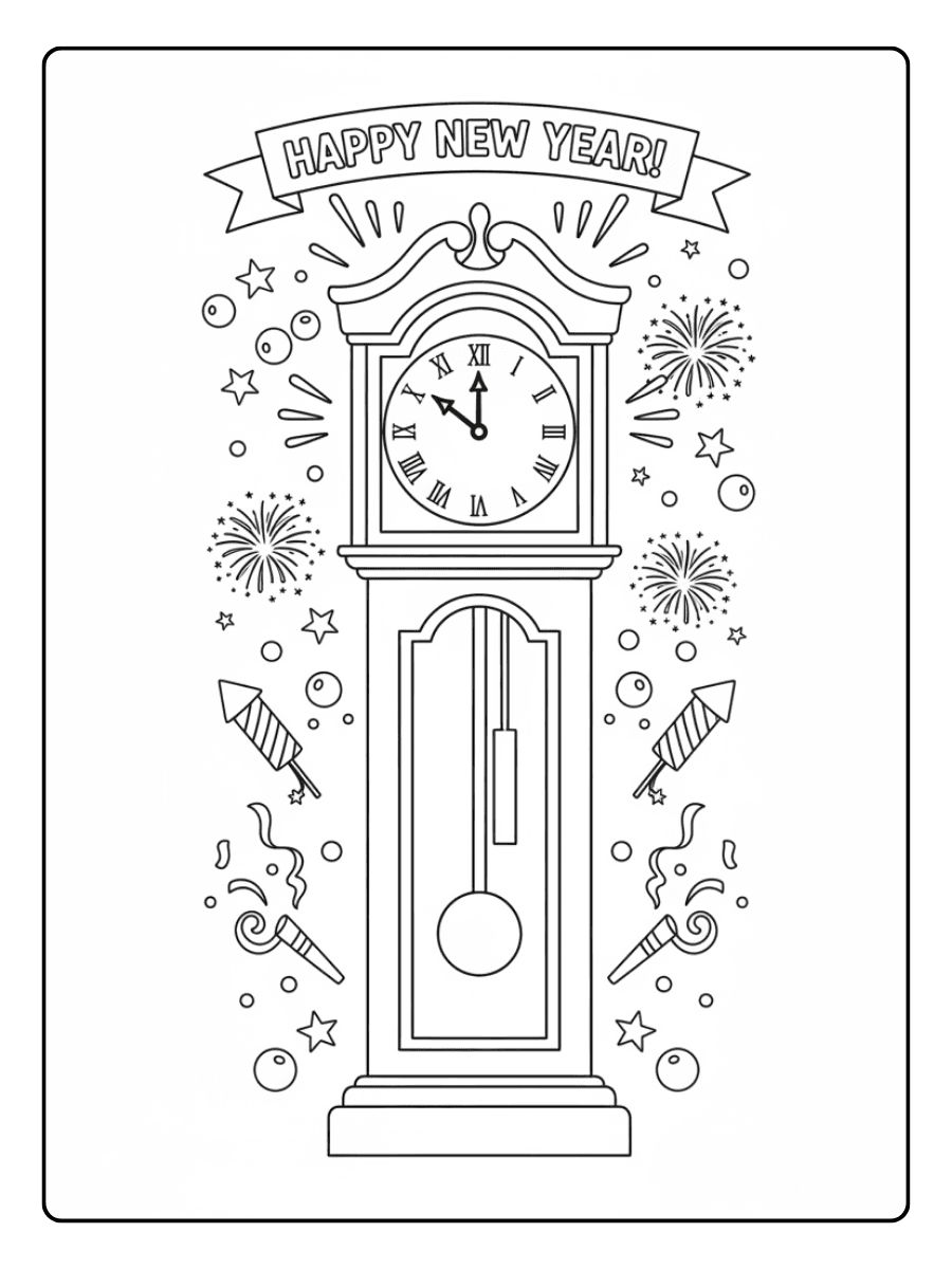 New Year Coloring Pages – Clock Striking Twelve