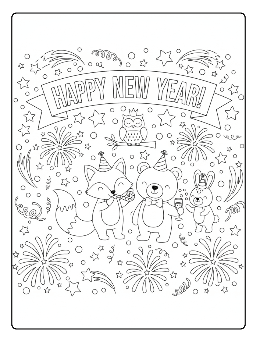 New Year Coloring Pages – Cute Animals Celebrating New Year