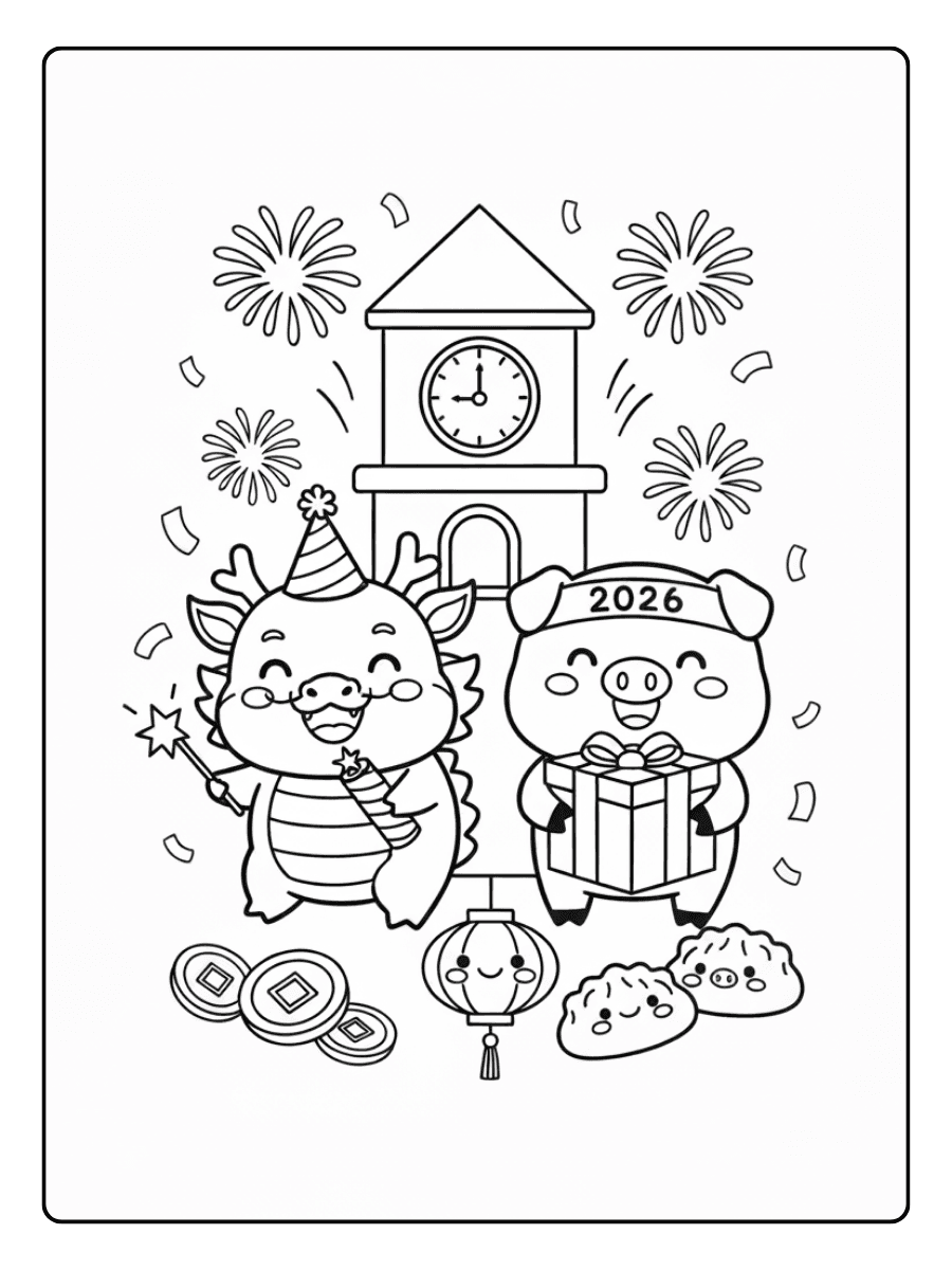 New Year Coloring Pages – Cute New Year Characters