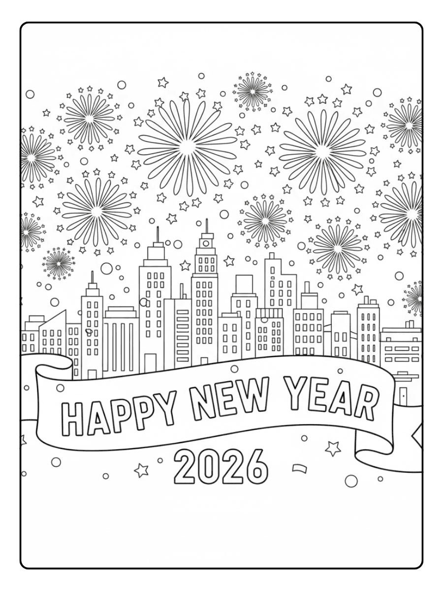 New Year Coloring Pages – Fireworks and City Skyline