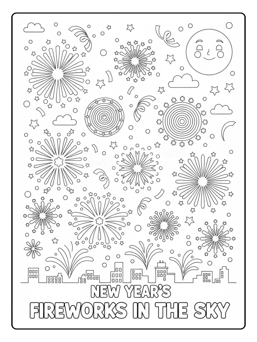 New Year Coloring Pages – Fireworks in the Sky