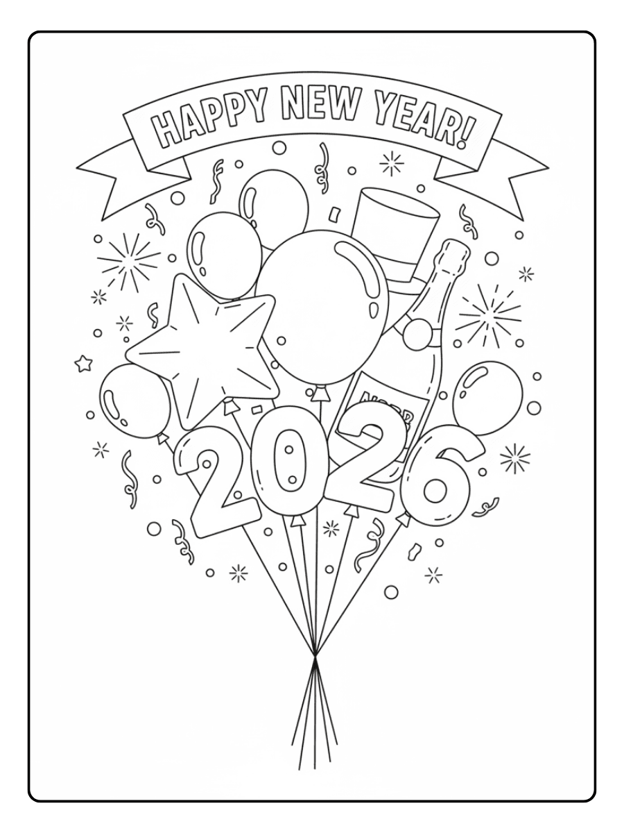 New Year Coloring Pages – New Year Balloons
