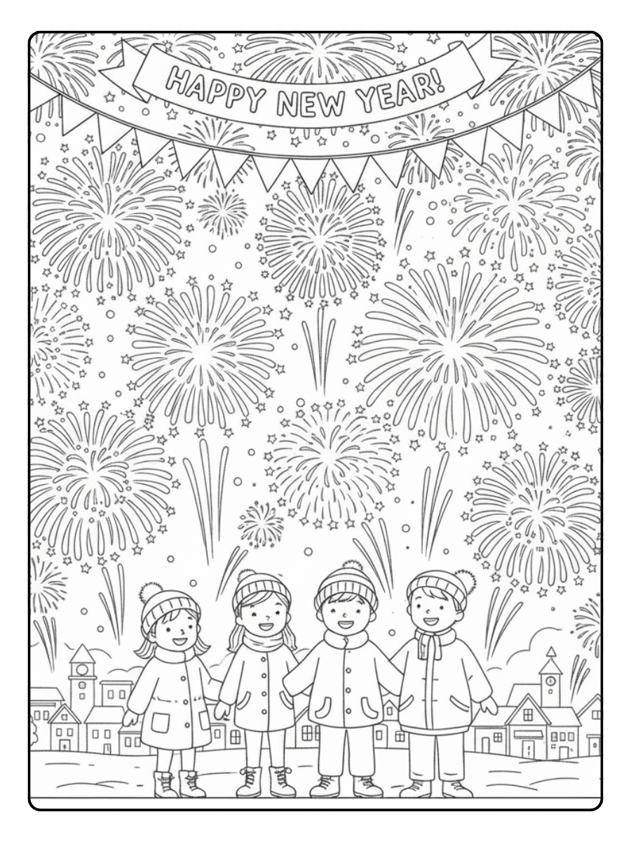New Year Coloring Pages – New Year Celebration Fireworks Show