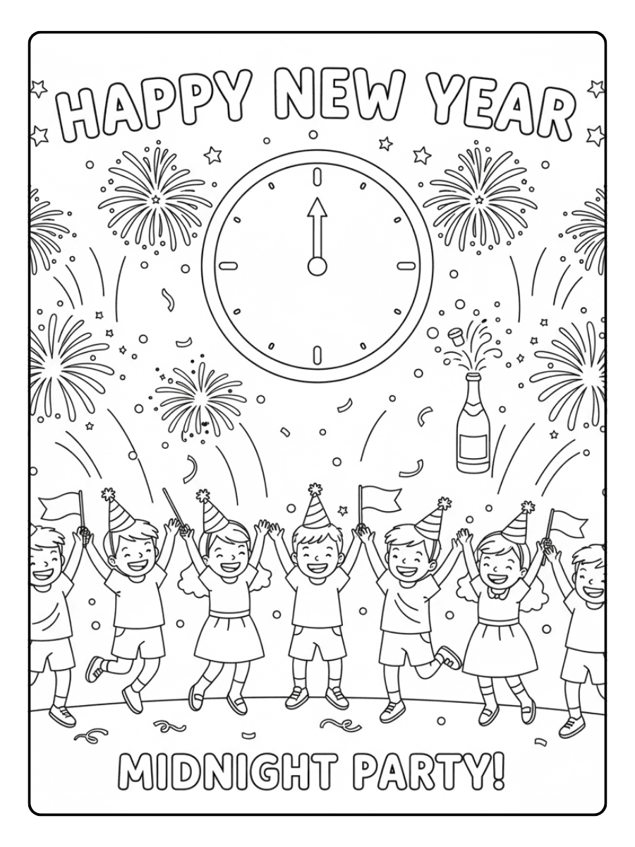 New Year Coloring Pages – New Year Celebration at Midnight