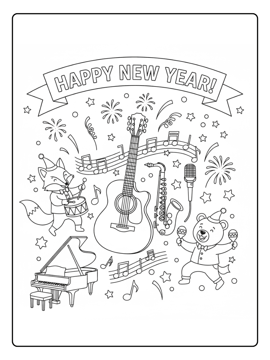 New Year Coloring Pages – New Year Celebration with Music