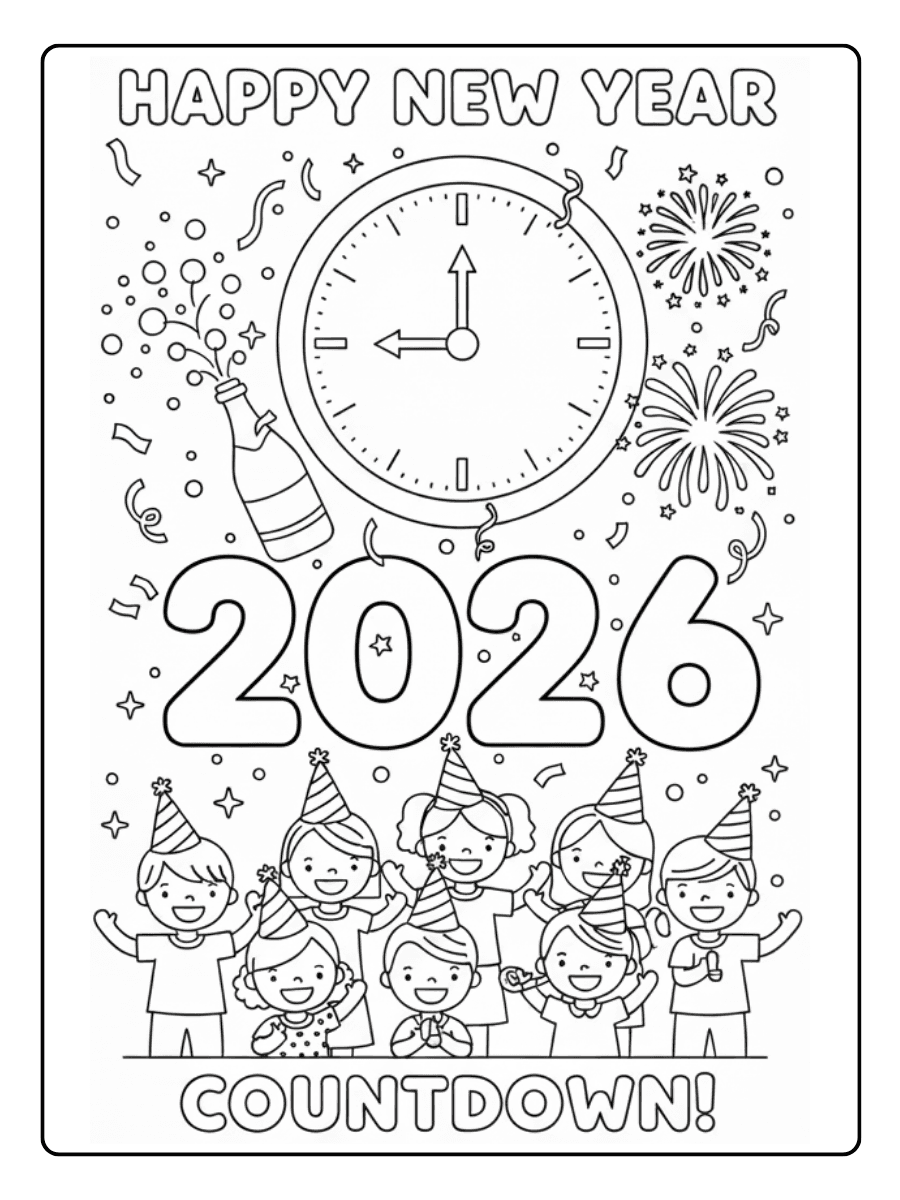 New Year Coloring Pages – New Year Countdown Scene