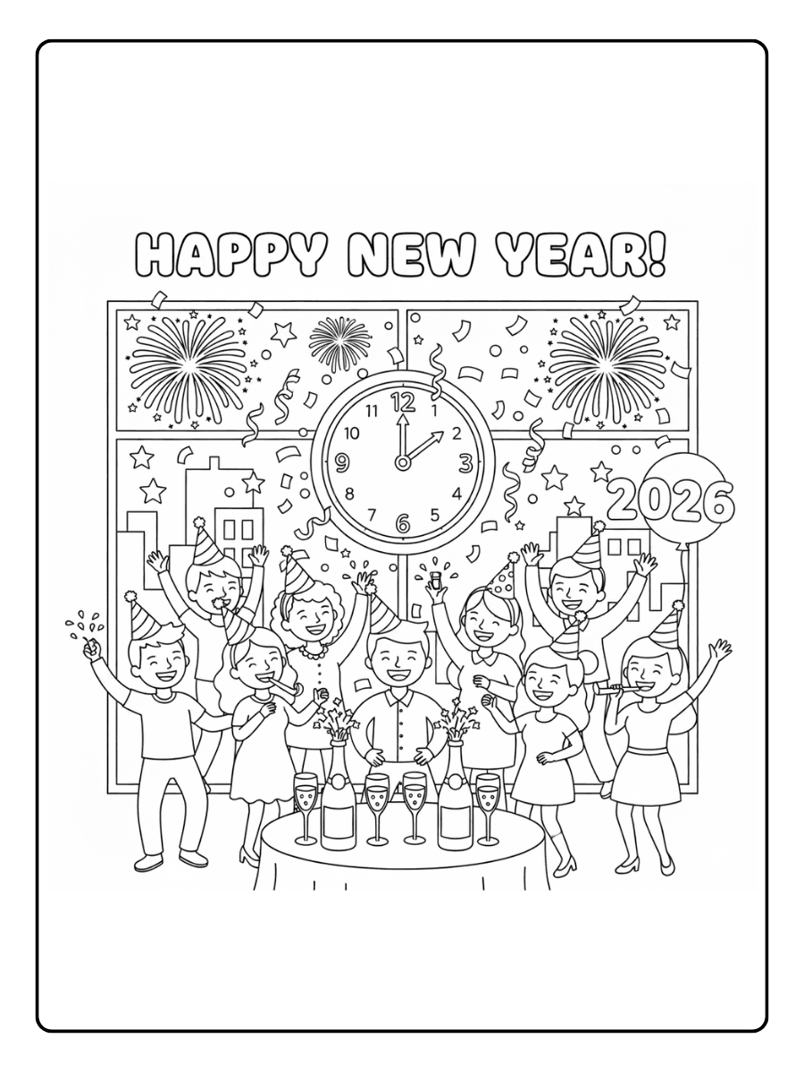 New Year Coloring Pages – New Year Eve Party Scene