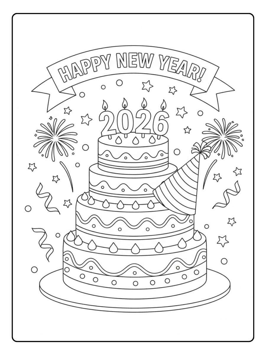 New Year Coloring Pages – New Year Party Cake