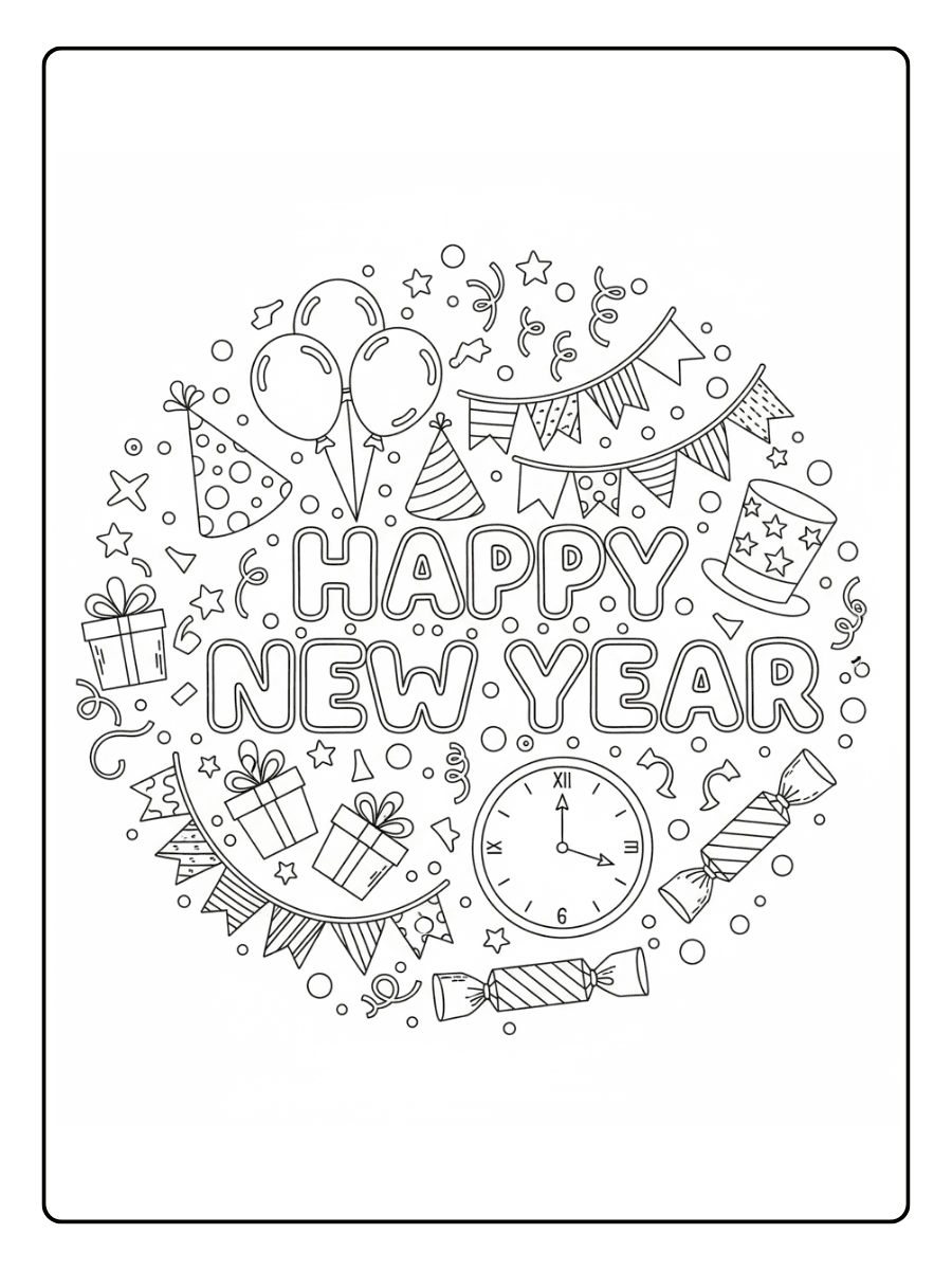 New Year Coloring Pages – New Year Party Decorations