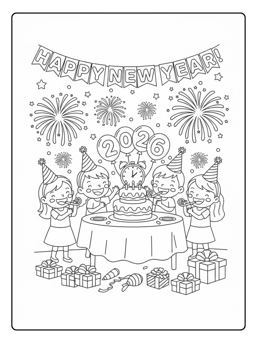 New Year Coloring Pages – New Year Party for Kids