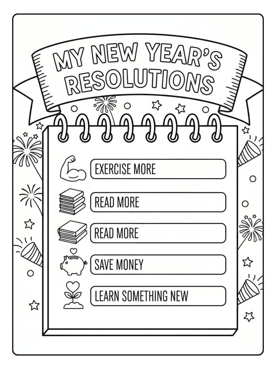 New Year Coloring Pages – New Year Resolution List