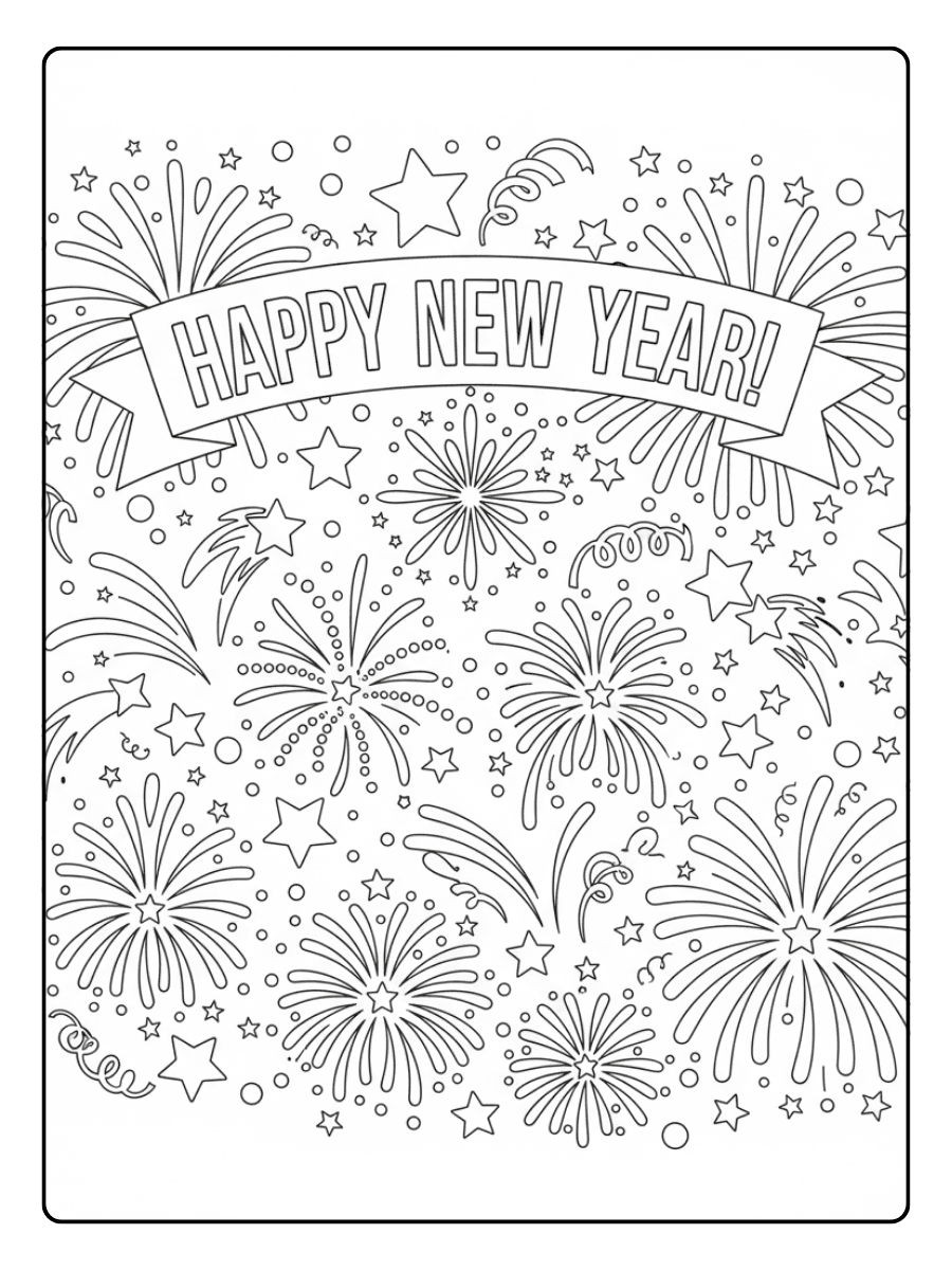 New Year Coloring Pages – New Year Stars and Fireworks