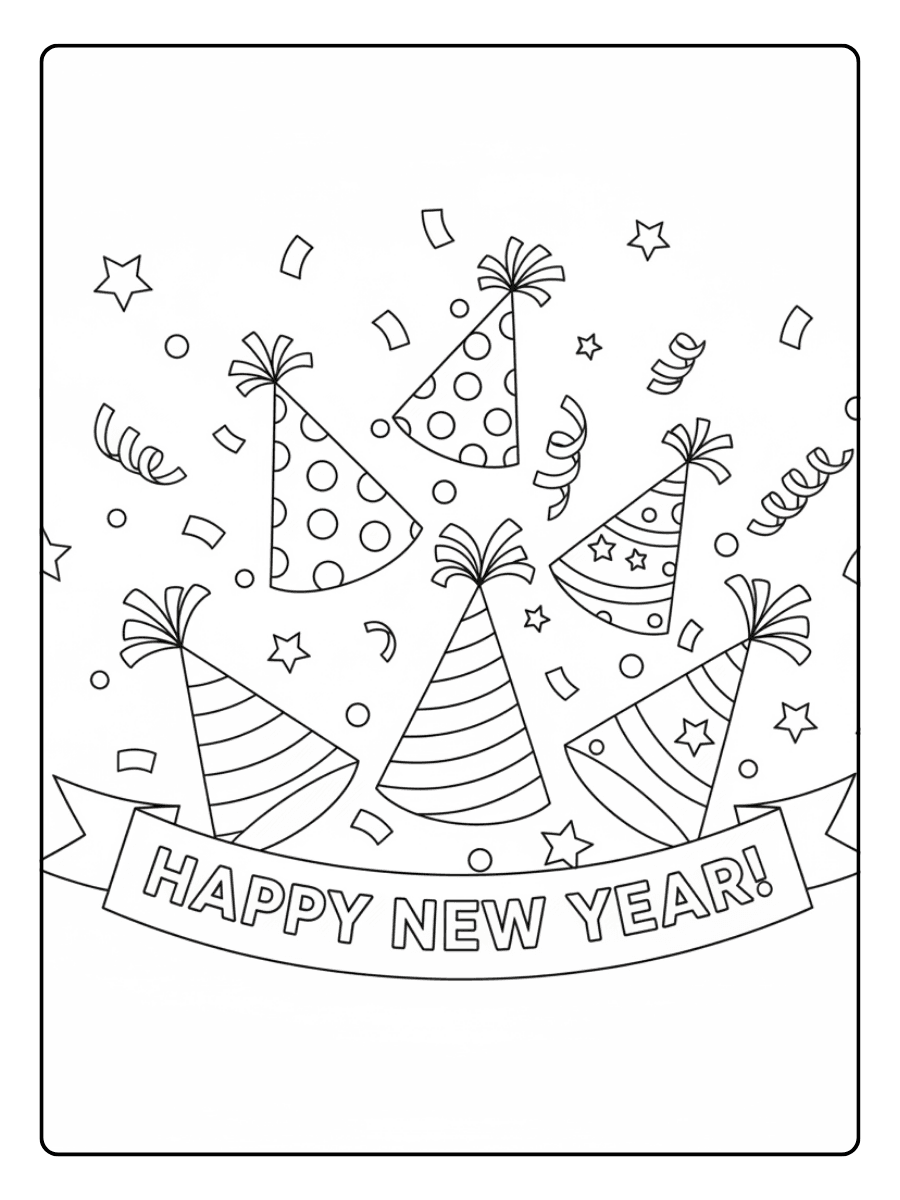 New Year Coloring Pages – Party Hats and Confetti