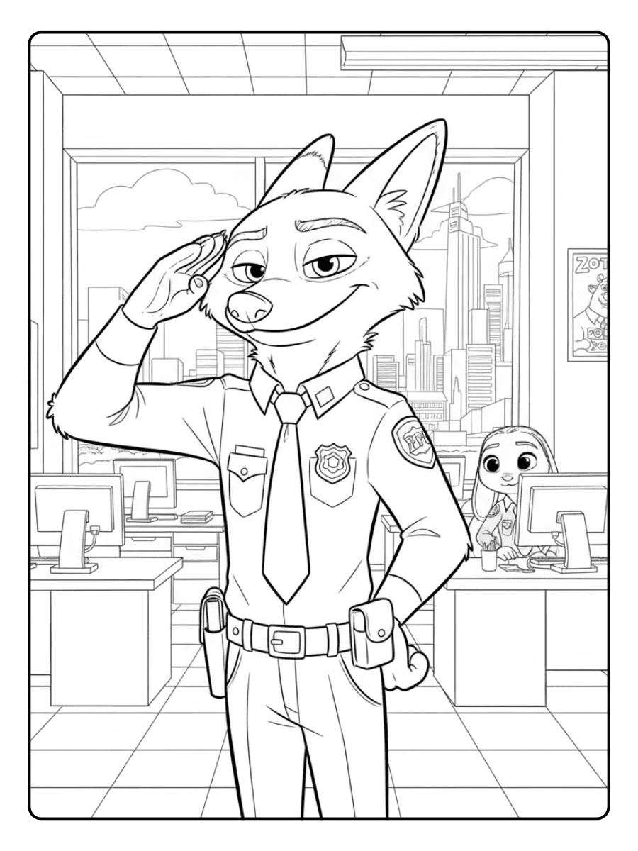Nick Wilde as a Police Officer – Zootopia Coloring Pages