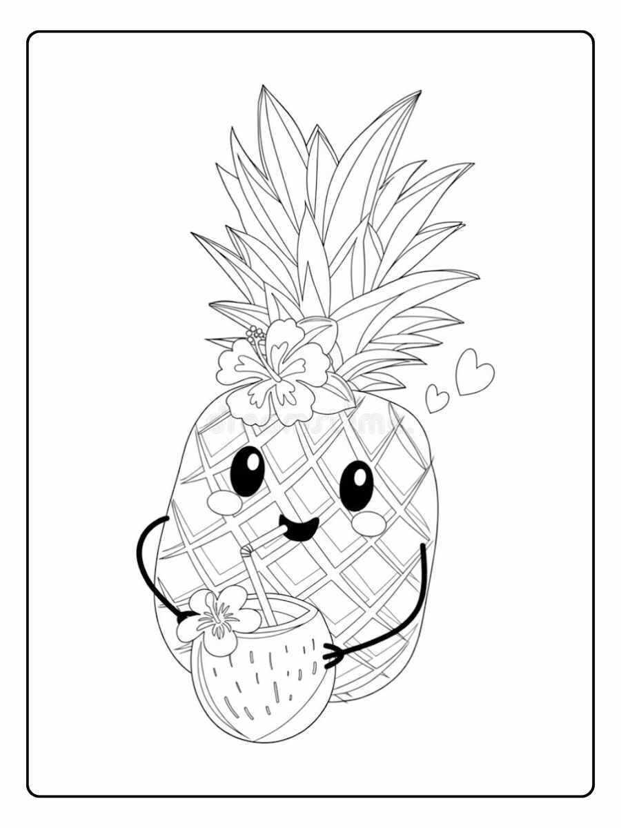 Pineapple coloring page cute pineapple character with heart details