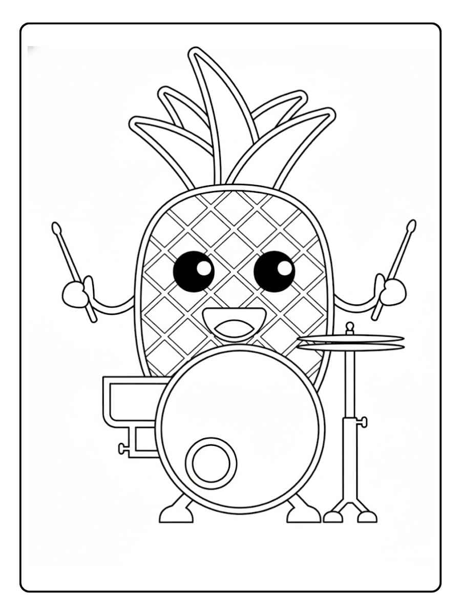 Pineapple coloring page pineapple playing drums cartoon style