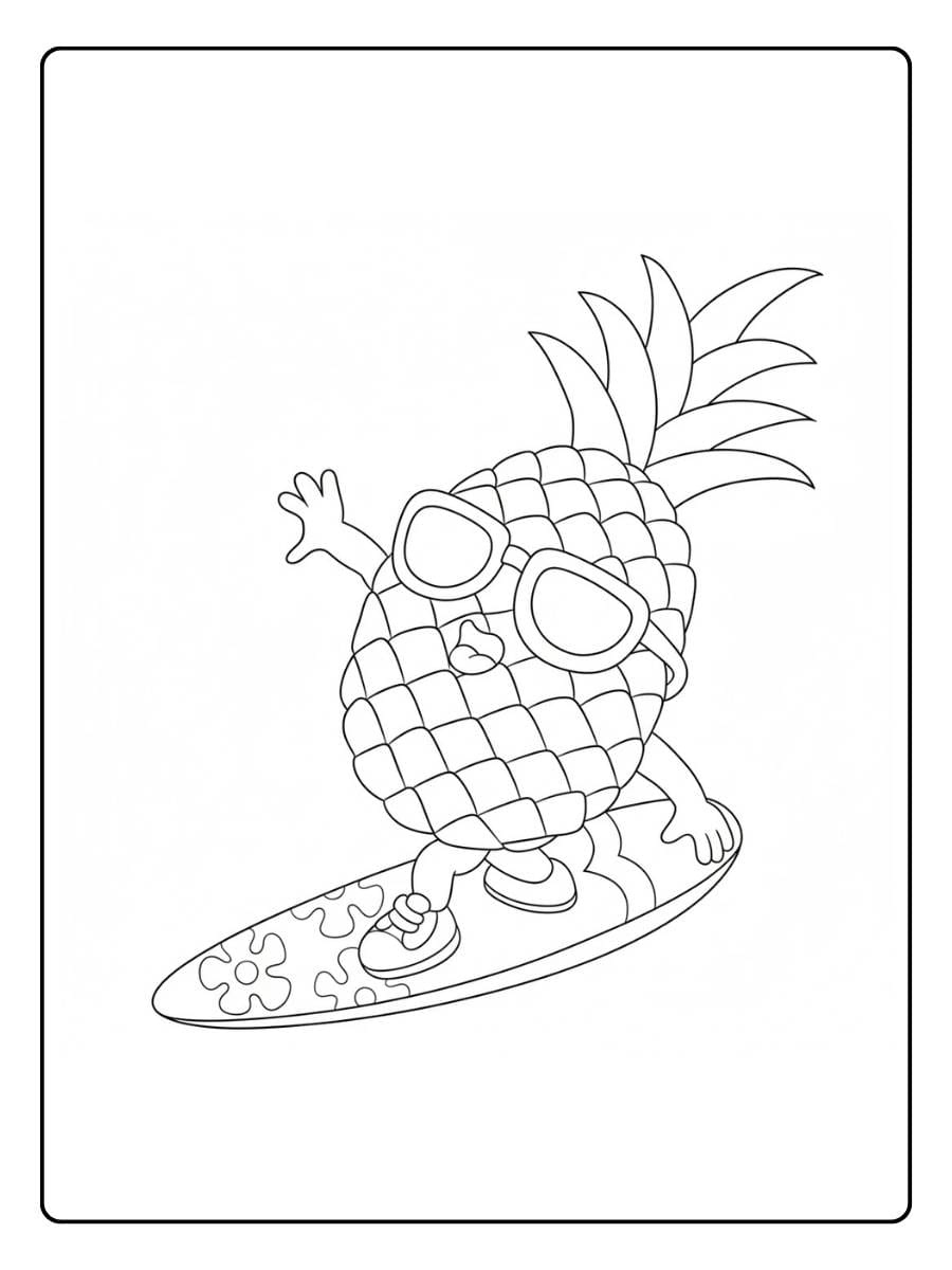 Pineapple coloring page pineapple surfing on a board