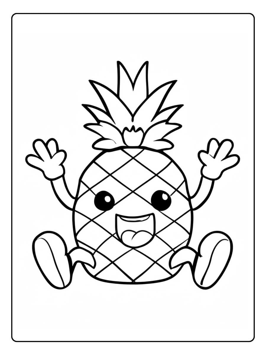 Pineapple coloring page smiling pineapple sitting with arms raised