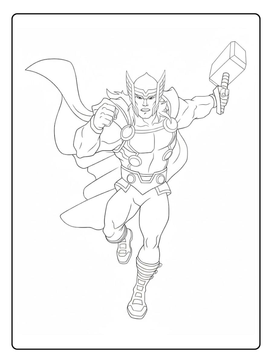 Powerful Thor with Mjolnir Coloring Page