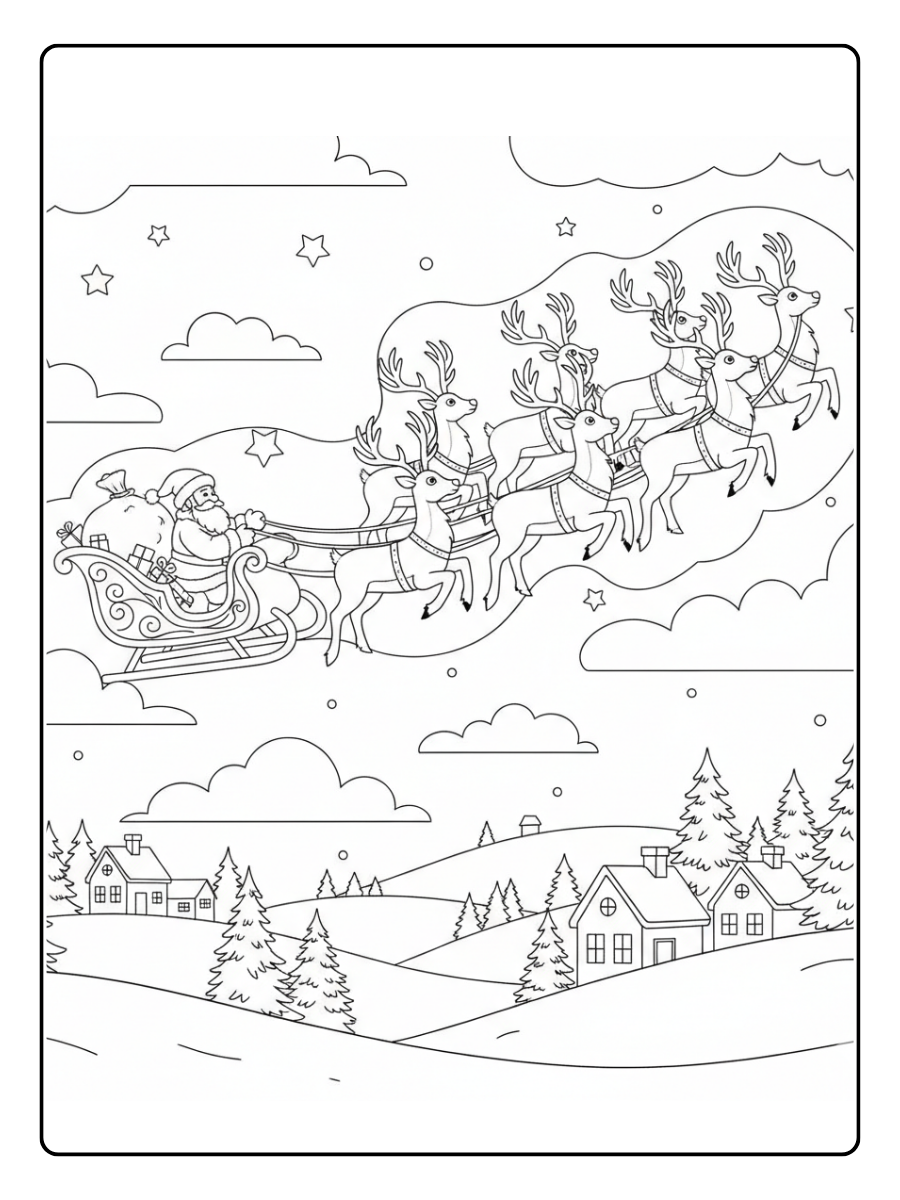 Reindeer Coloring Pages – Reindeer Flying Sleigh