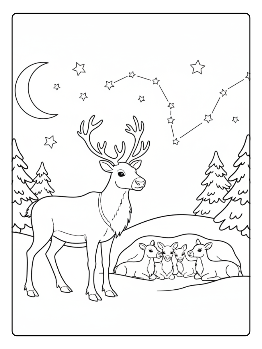 Reindeer Coloring Pages – Reindeer Night Scene