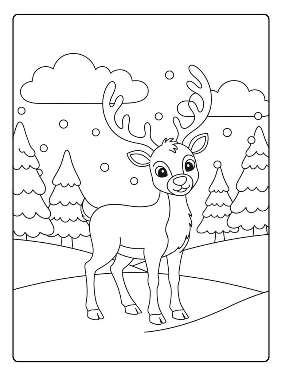 Reindeer Coloring Pages – Reindeer Snowy Scene