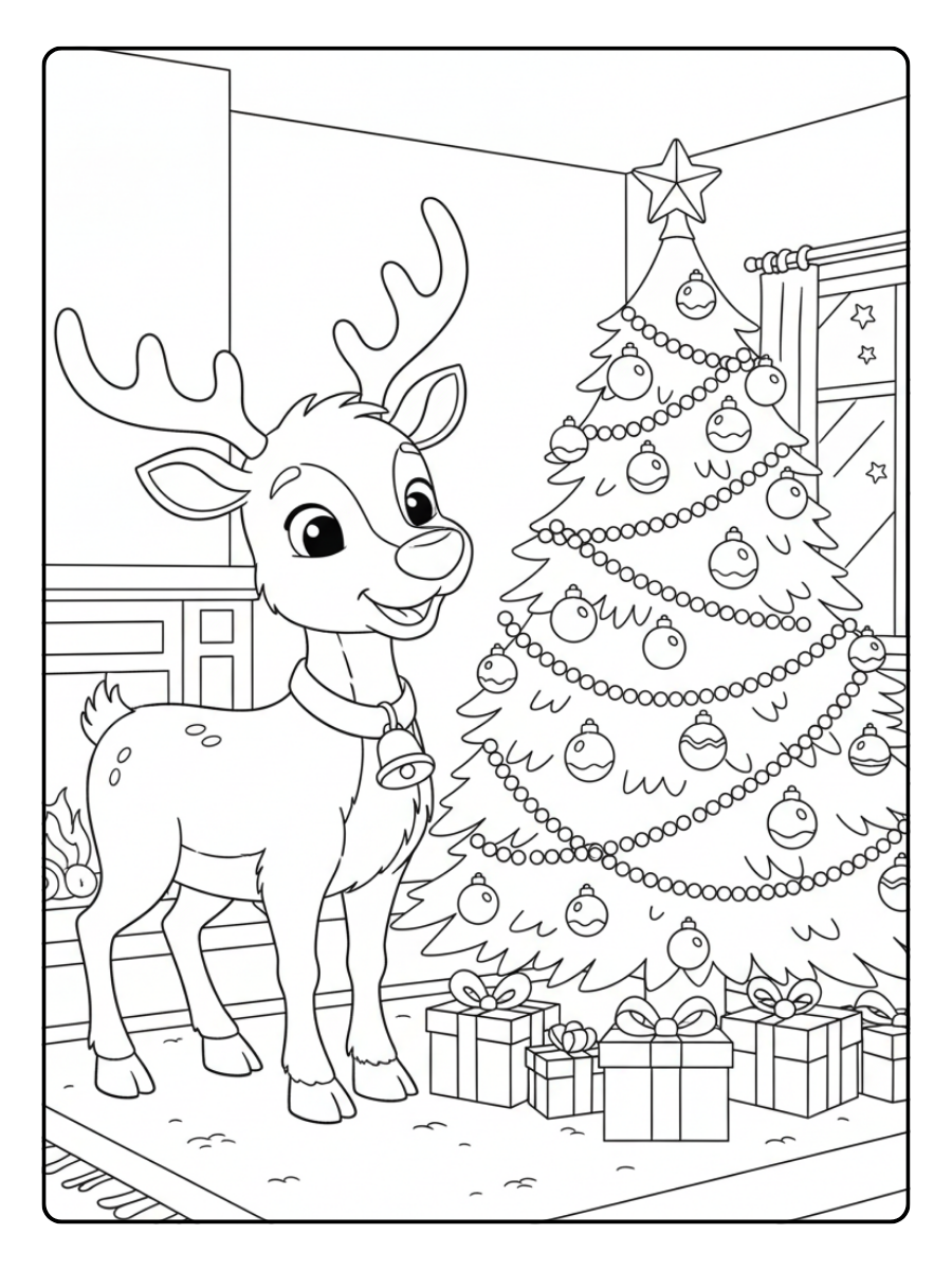 Reindeer Coloring Pages – Reindeer with Christmas Tree