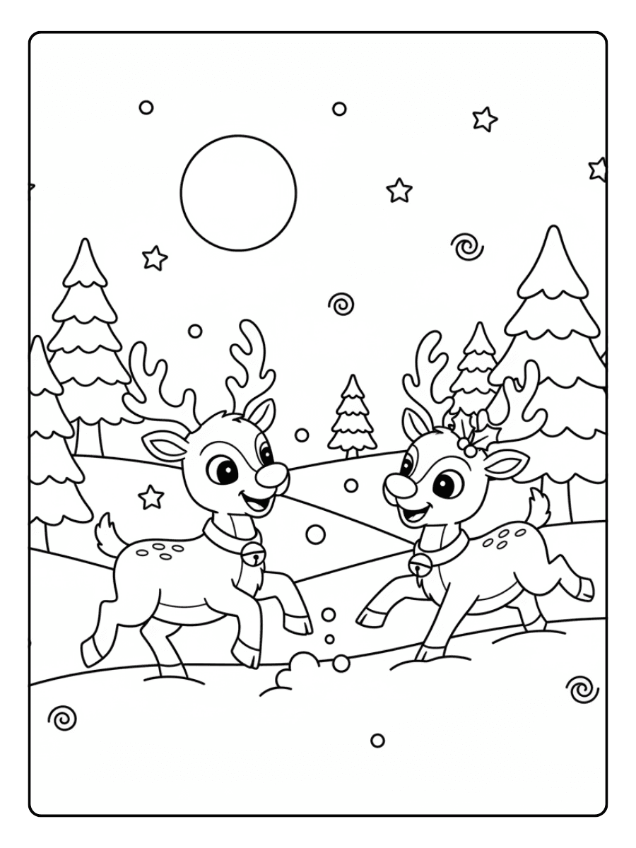 Reindeer Playing in Snow – Christmas Coloring Pages