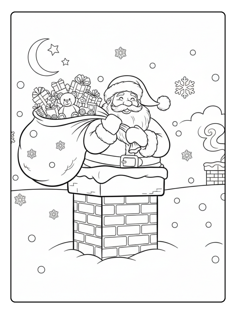 Santa Coloring Pages – Santa Claus Chimney Scene
