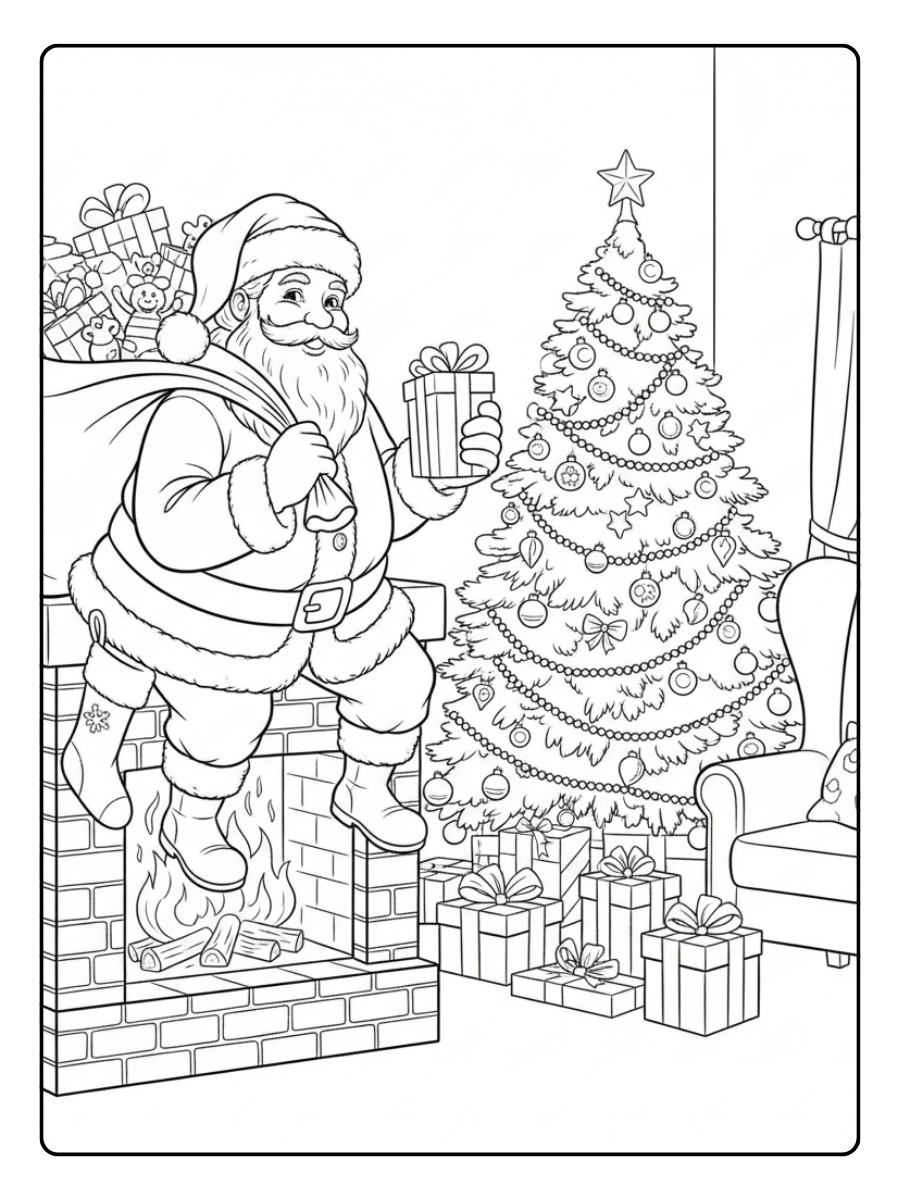 Santa Coloring Pages – Santa Claus Delivering Gifts