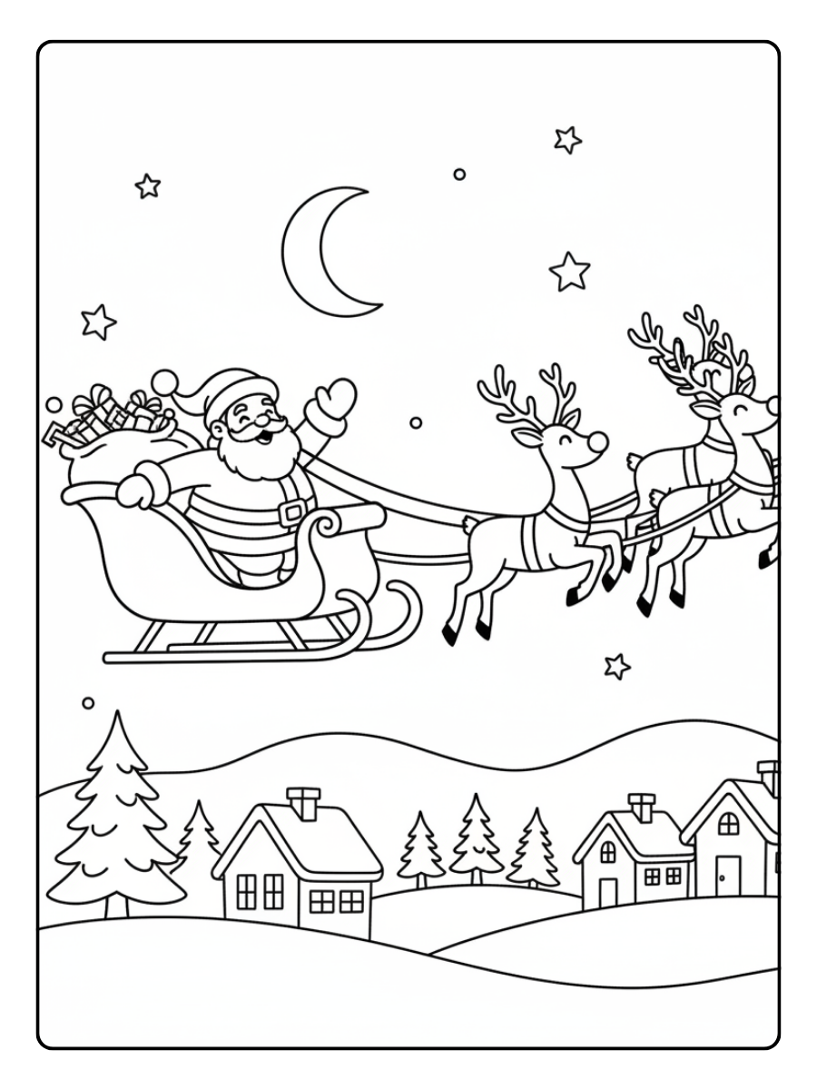 Santa Coloring Pages – Santa Claus Flying Sleigh